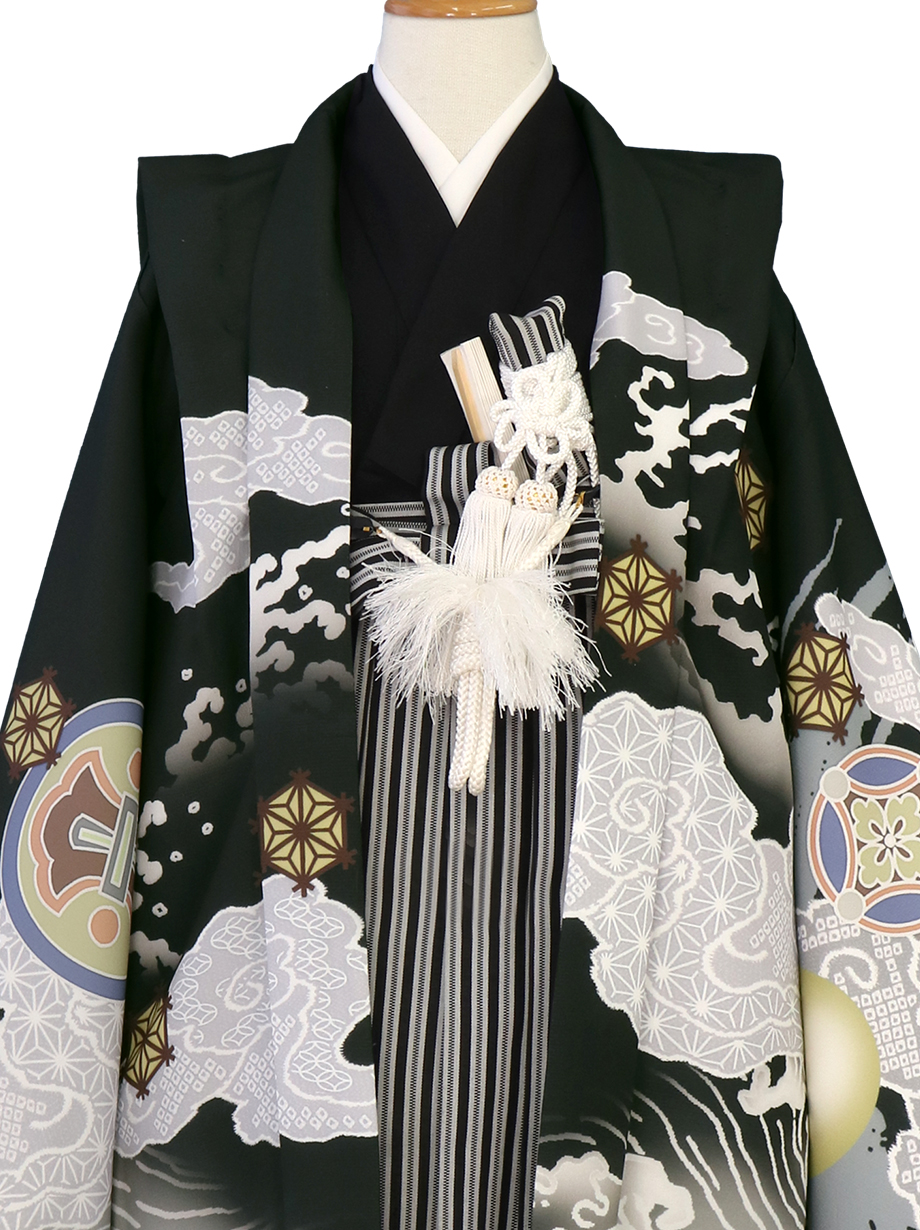 黒地に雲龍と丸紋、黒縞の袴／七五三・五歳男の子・袴