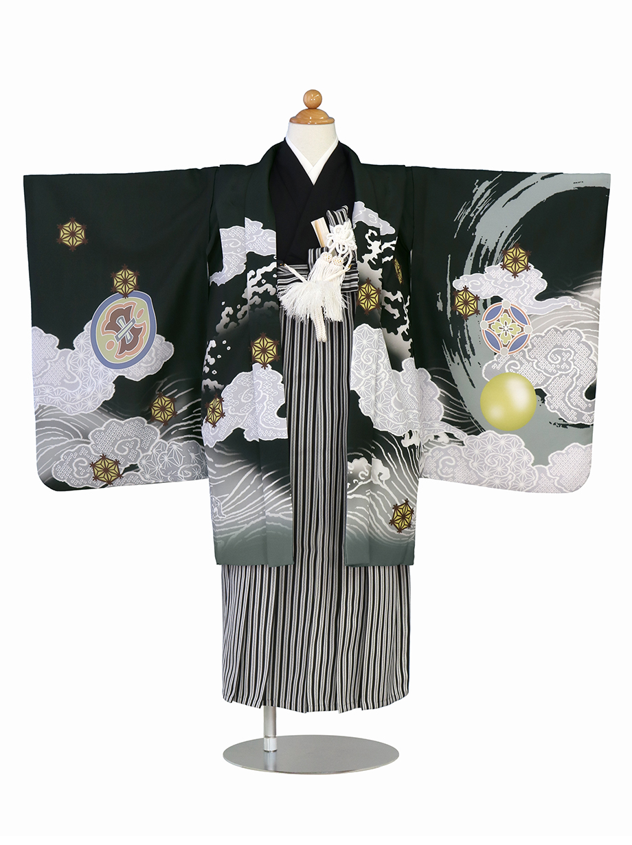 黒地に雲龍と丸紋、黒縞の袴／七五三・五歳男の子・袴