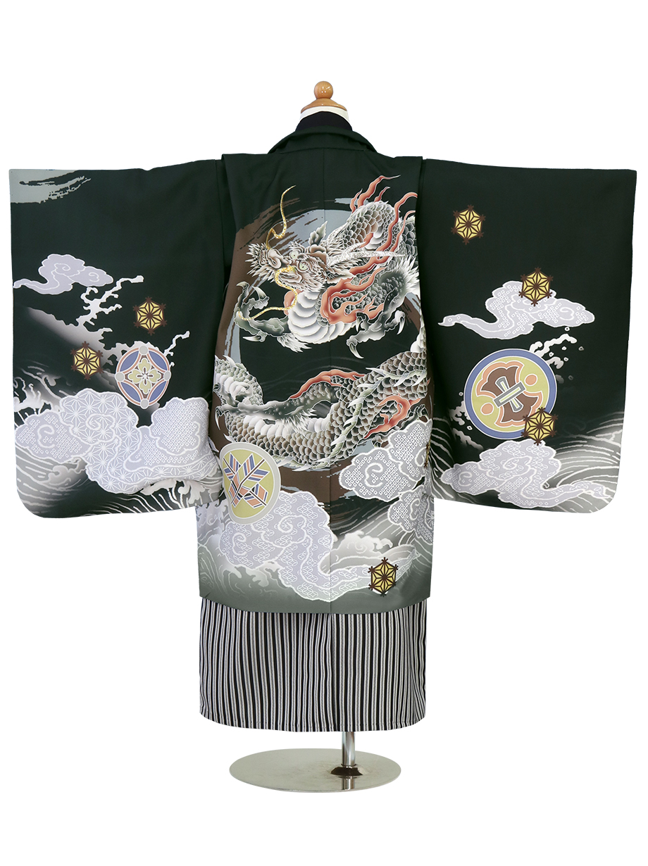 黒地に雲龍と丸紋、黒縞の袴／七五三・五歳男の子・袴