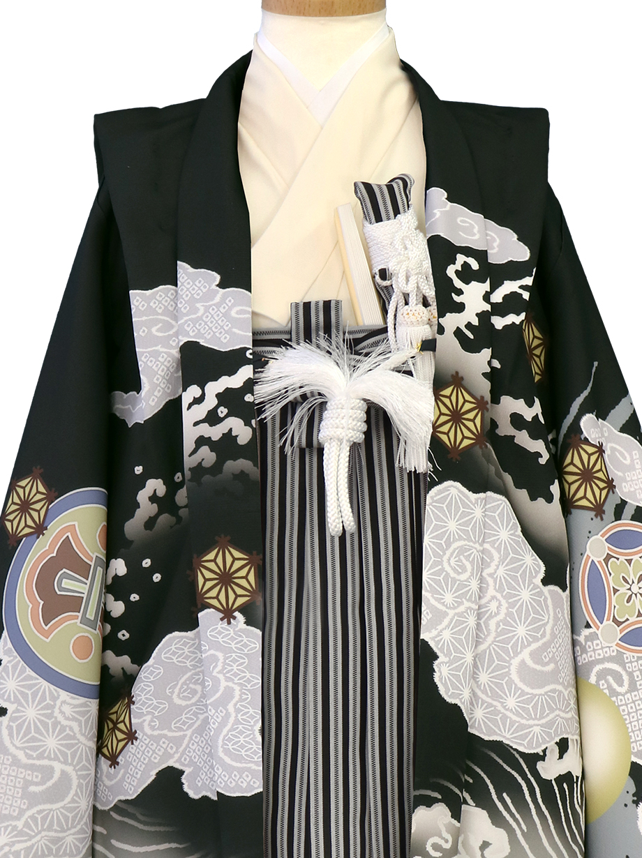 黒地に雲龍と丸紋、黒縞の袴／七五三・五歳男の子・袴 | 宅配着物 
