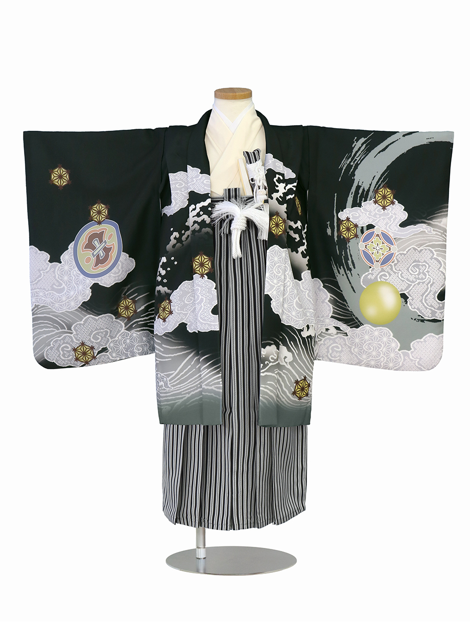 黒地に雲龍と丸紋、黒縞の袴／七五三・五歳男の子・袴