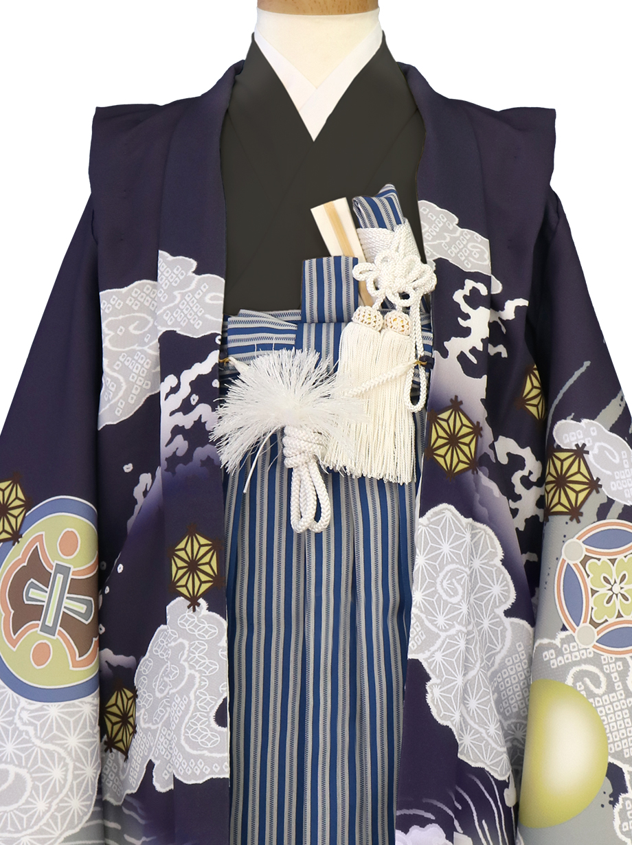 紺地に雲龍と丸紋、紺縞の袴／七五三・五歳男の子・袴