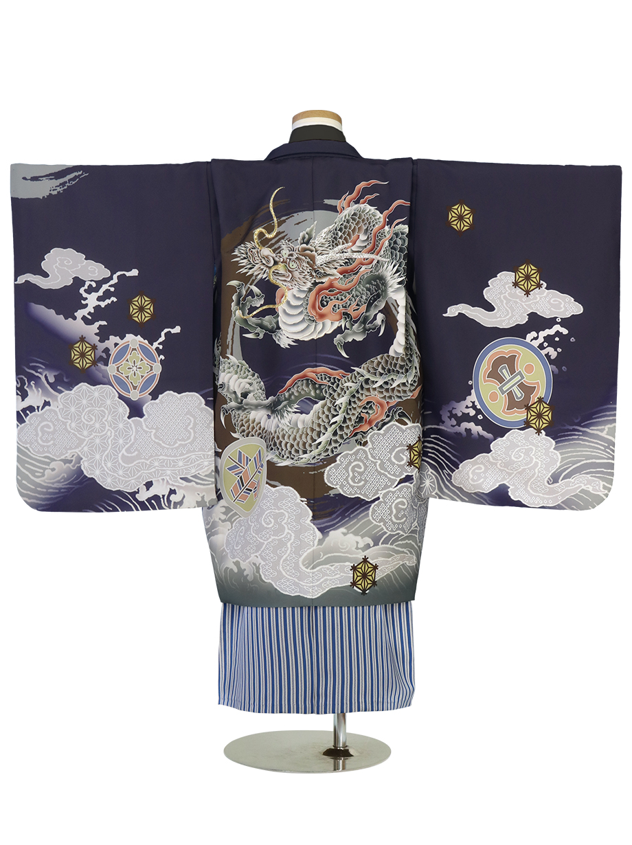 紺地に雲龍と丸紋、紺縞の袴／七五三・五歳男の子・袴