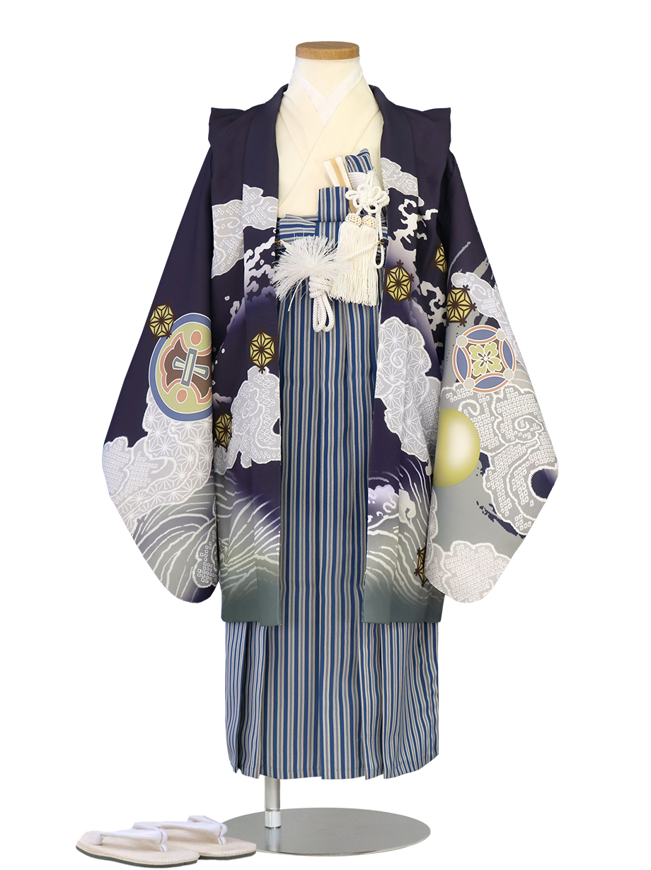 Y★2084★ 七五三 男の子 着物 四つ身 紺色 丸に蔦紋 紺地に雲龍と丸紋、紺縞の袴／七五三・五歳男の子・袴 | 宅配