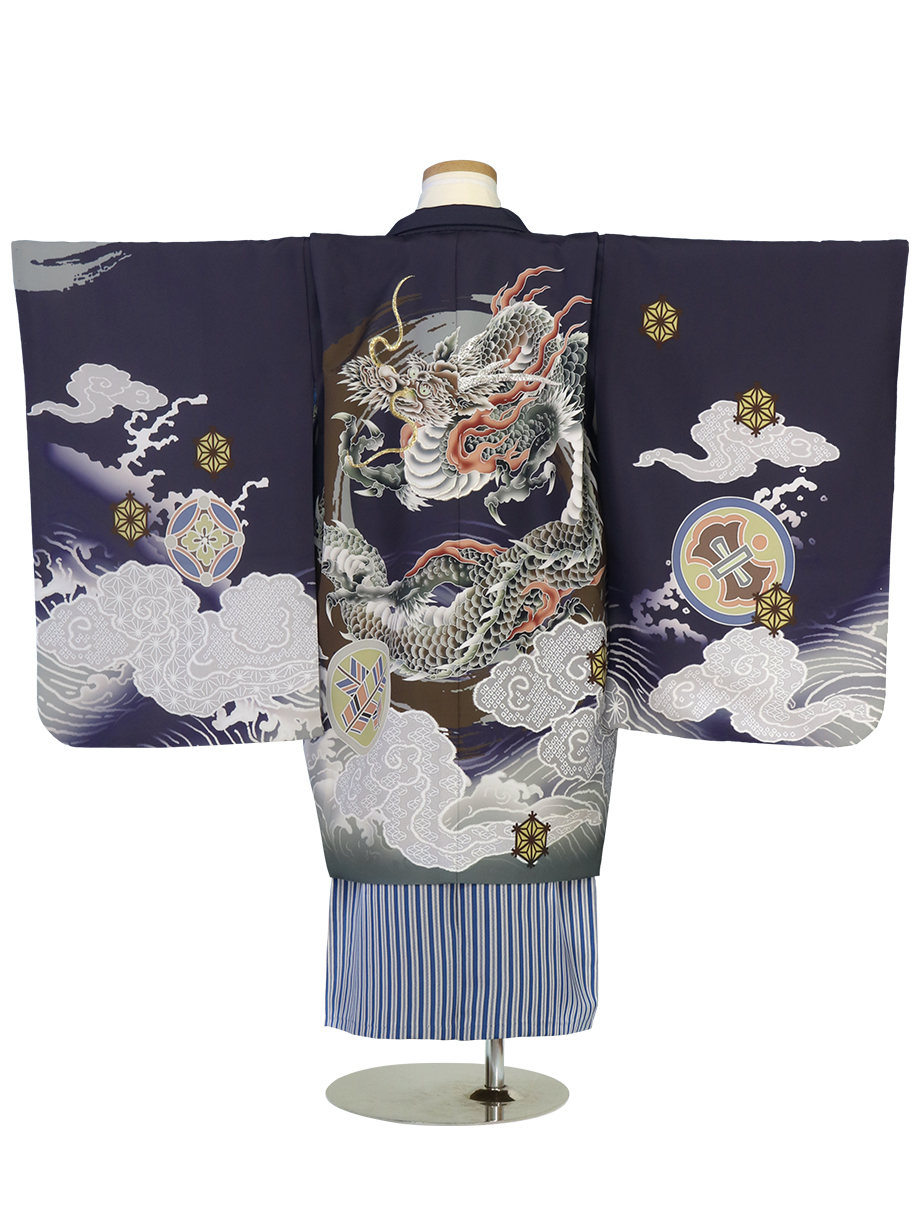 紺地に雲龍と丸紋、紺縞の袴／七五三・五歳男の子・袴