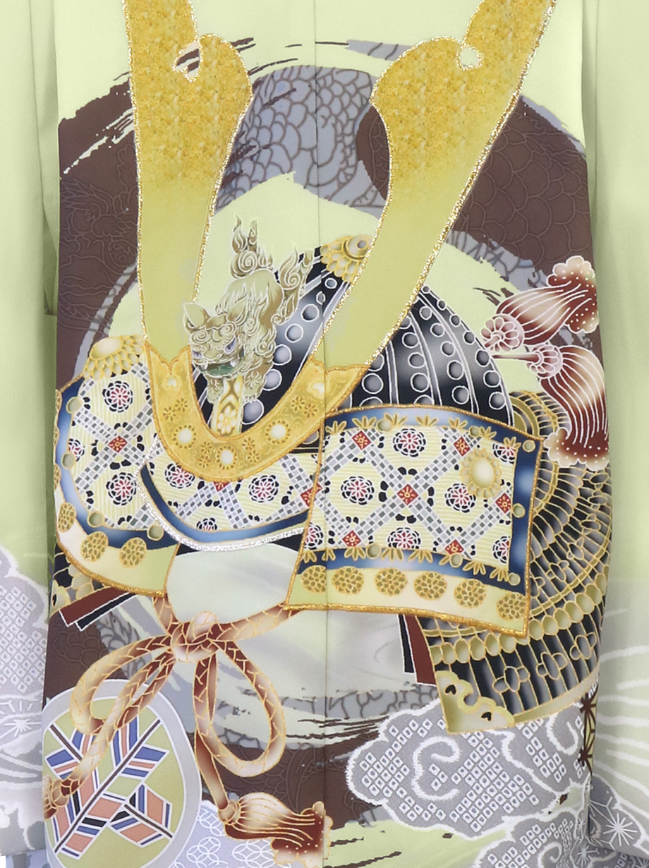 薄緑地に兜と丸紋、白グレーの袴／七五三・五歳男の子・袴