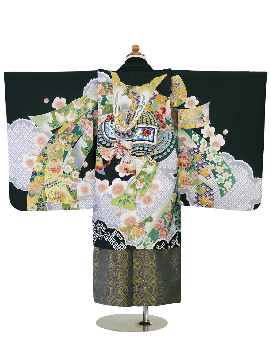 黒地に兜と束ね熨斗、藍鼠の袴／七五三・五歳男の子・袴