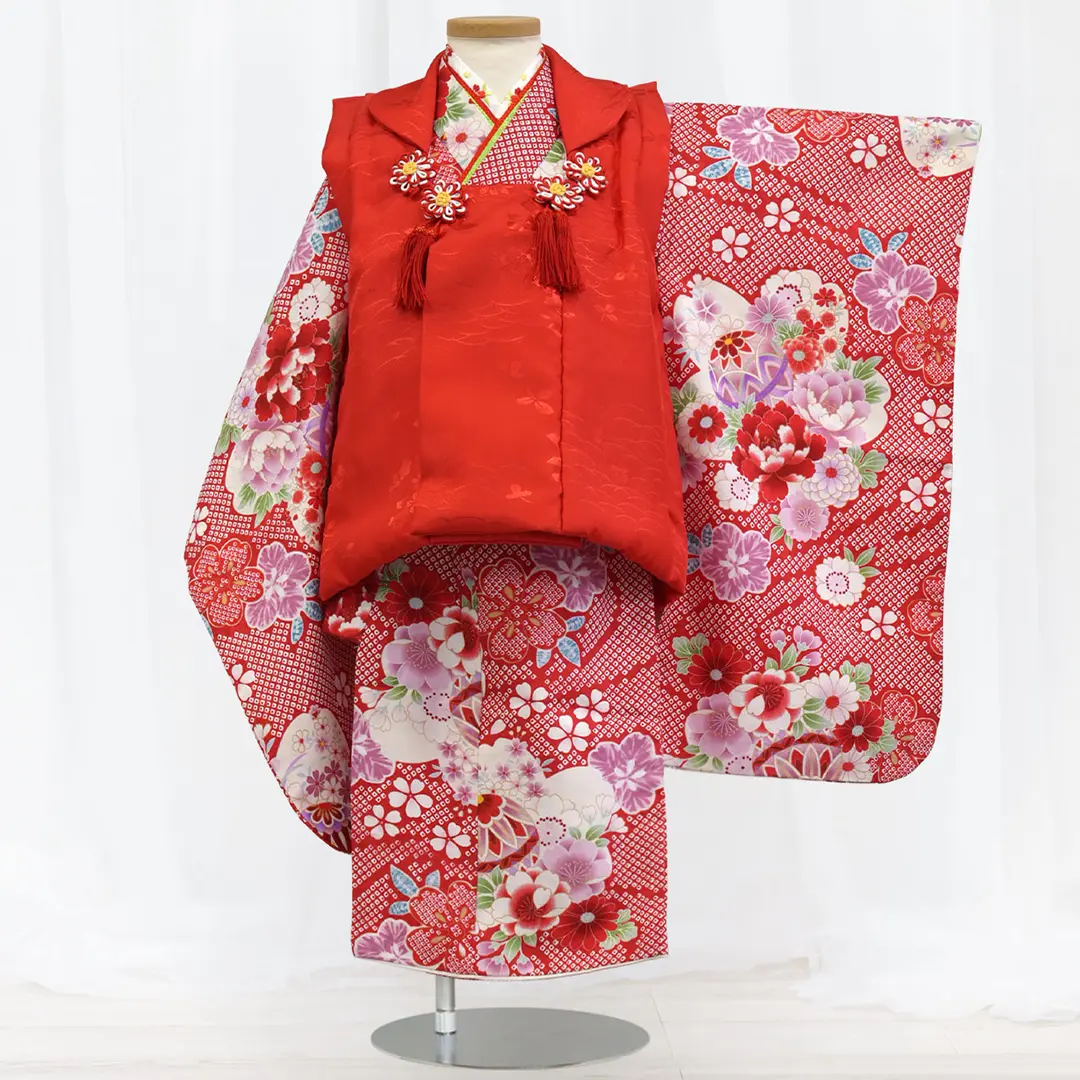 赤色に鞠と牡丹、赤の被布コートセット／七五三・三歳女の子／正面