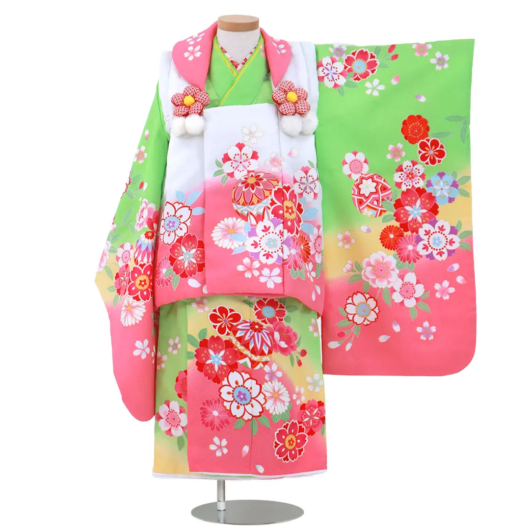 ★お値下げ★三歳お祝い着物 被布コート 京友禅 黄緑色に桜と鞠の被布コートセット／七五三・三歳女の子 | 宅配着物