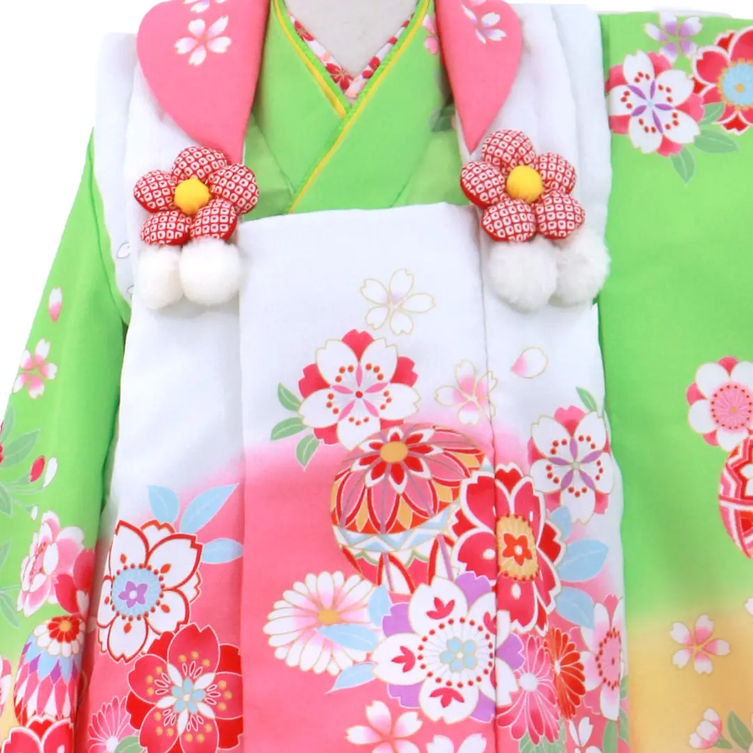 黄緑色に桜と鞠の被布コートセット／七五三・三歳女の子 | 宅配着物
