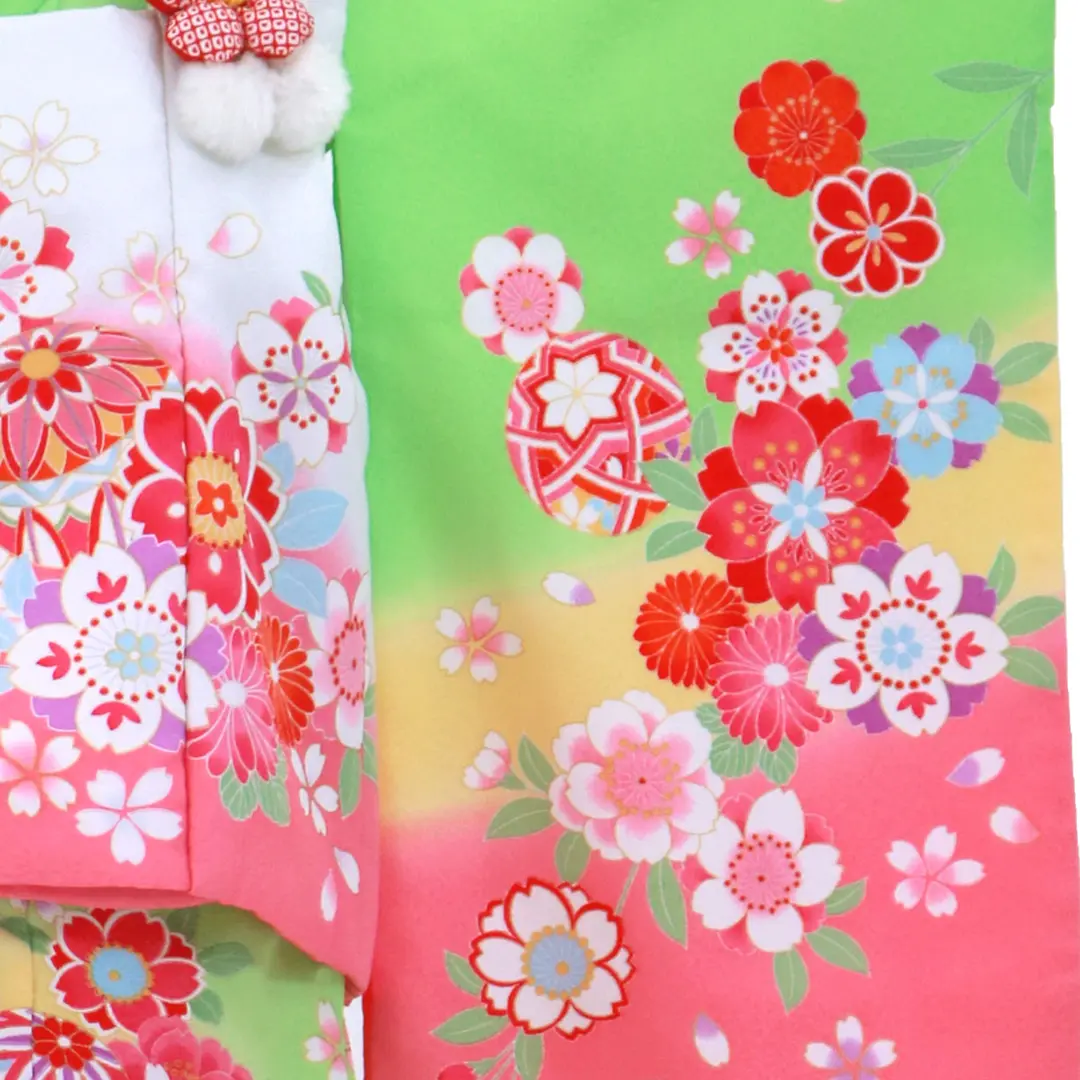 黄緑色に桜と鞠の被布コートセット／七五三・三歳女の子 | 宅配着物