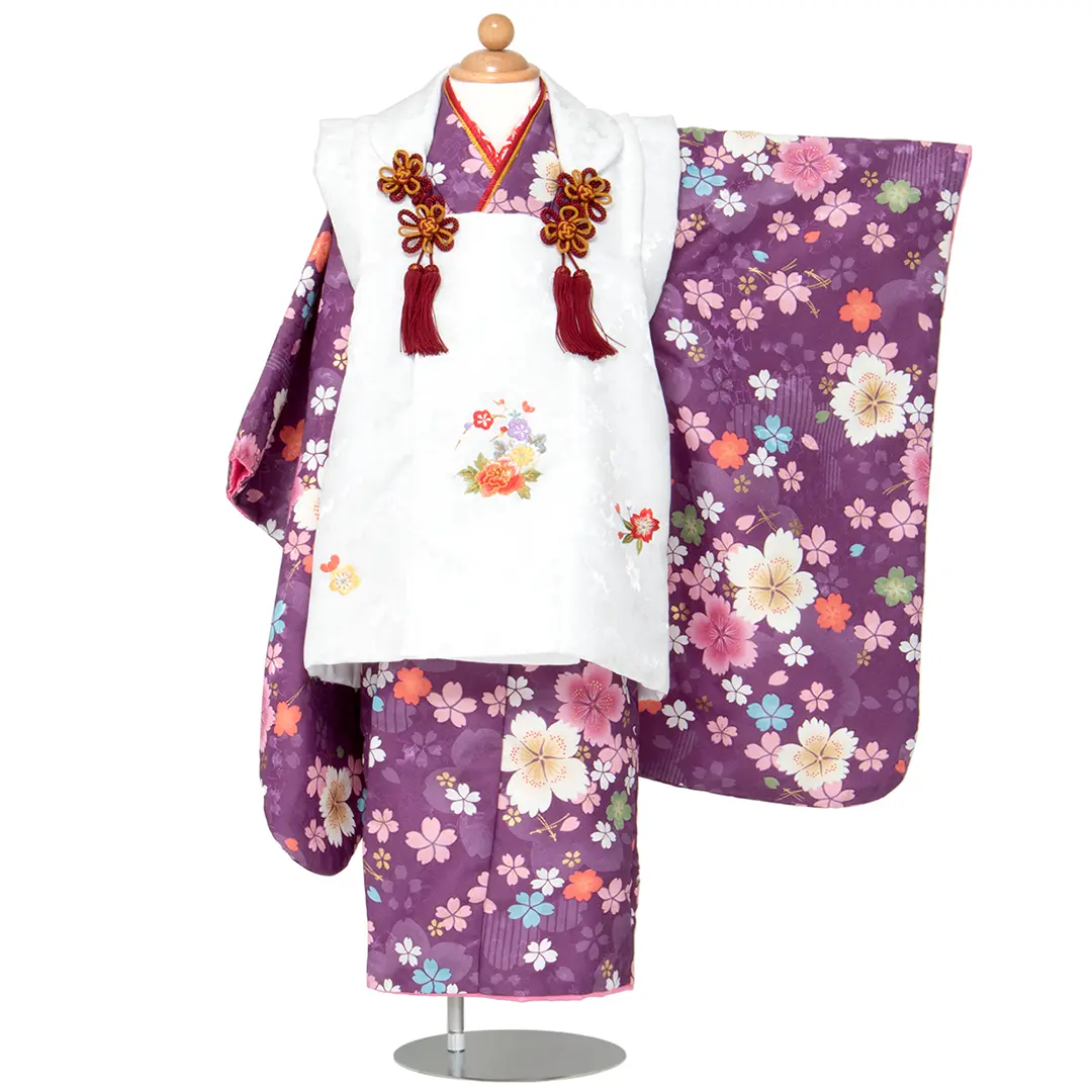 紫地に撫子と桜の被布コートセット／七五三・三歳女の子 | 宅配着物