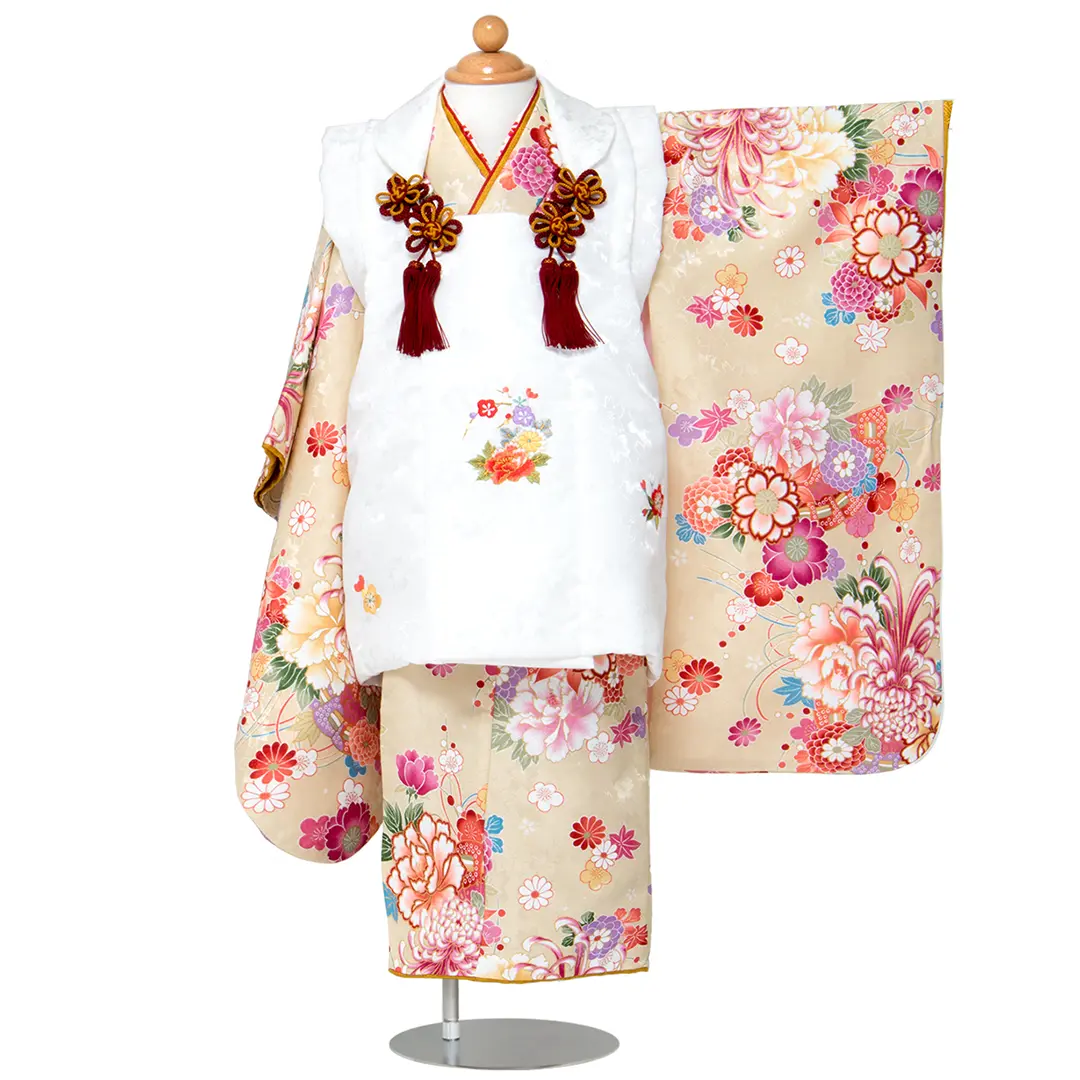 七五三 ３歳 アンティーク 菊丸紋着物 ベルベットの被布セット 七五三 3歳 アンティーク キャンディピンクに菊丸紋着物