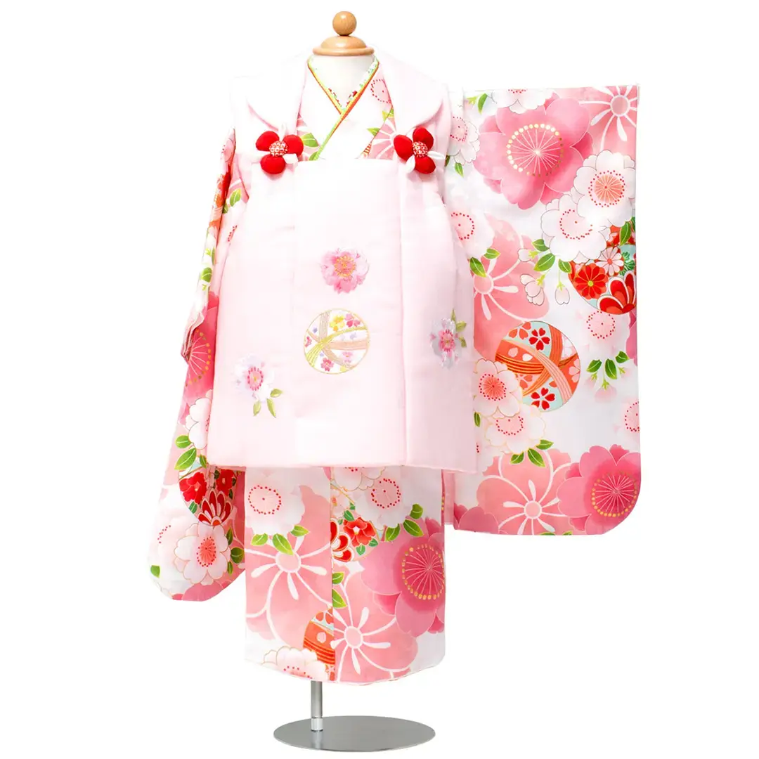 白地に梅と桜の被布コートセット／七五三・三歳女の子／正面