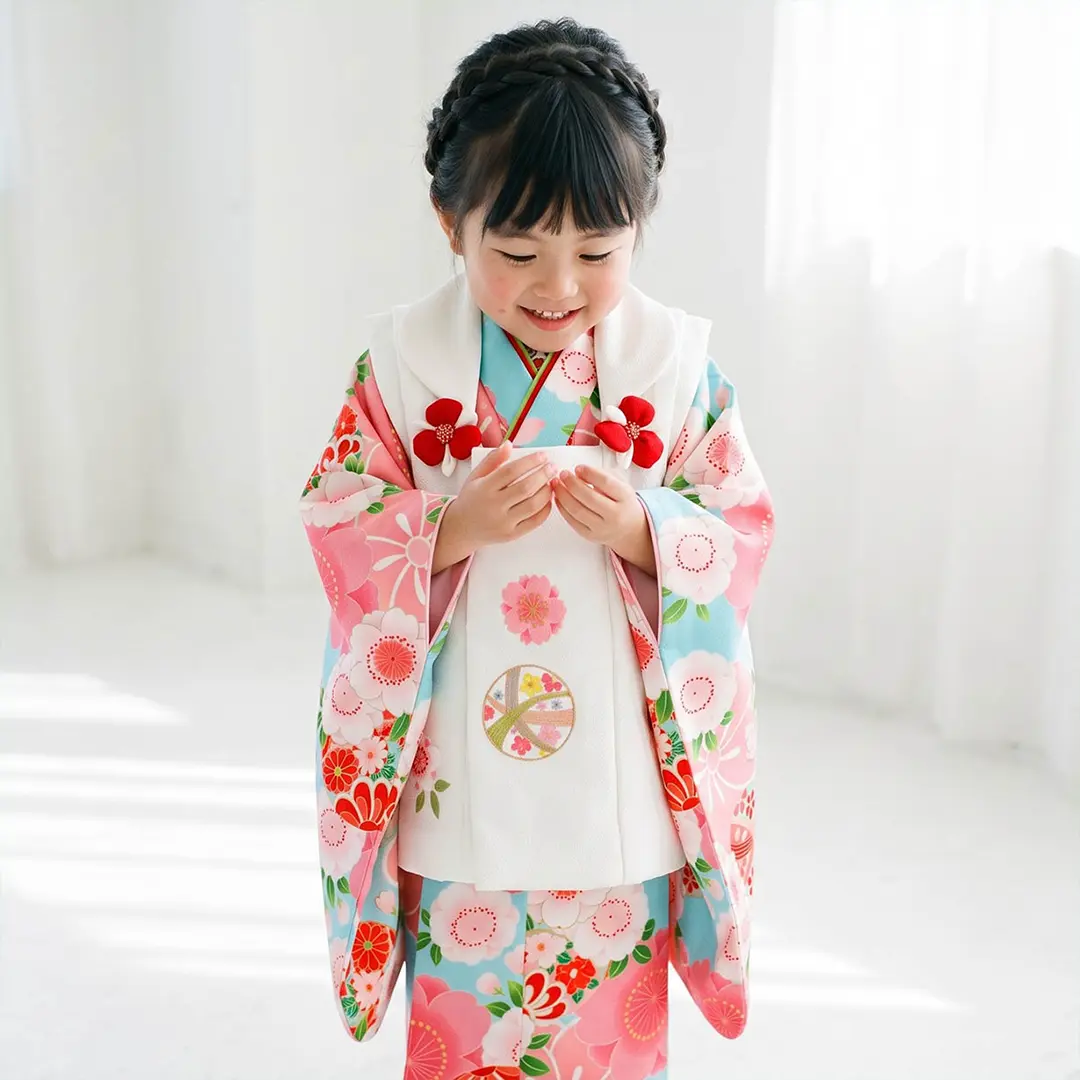 水色地に梅と桜の被布コートセット／七五三・三歳女の子／着用イメージ