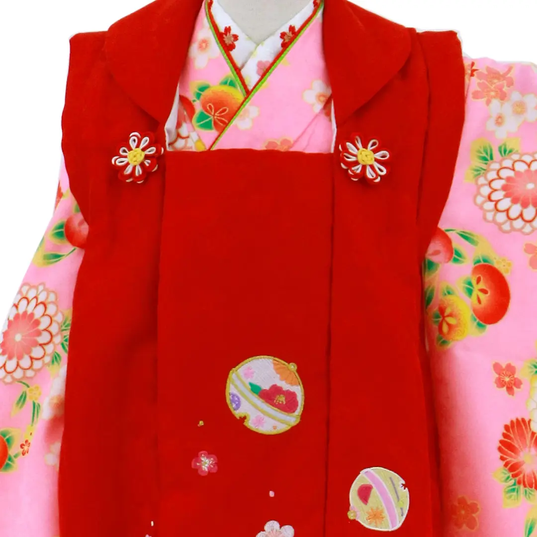 七五三着物レンタル／ピンク地に橘と花尽くしの赤の被布コートセット