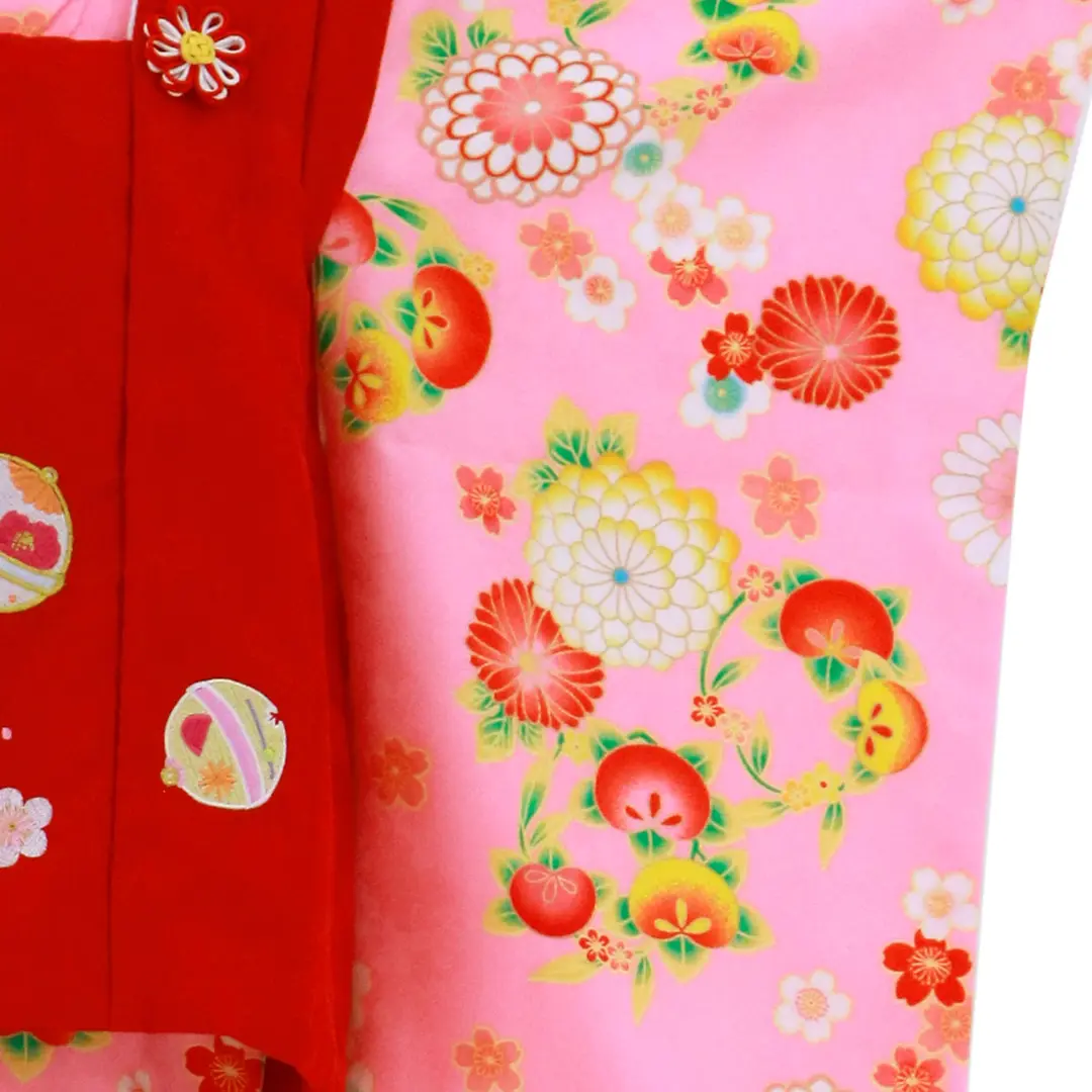 七五三 着物セット ピンクオレンジ花柄 七五三着物レンタル／ピンク地に橘と花尽くしの赤の被布コートセット