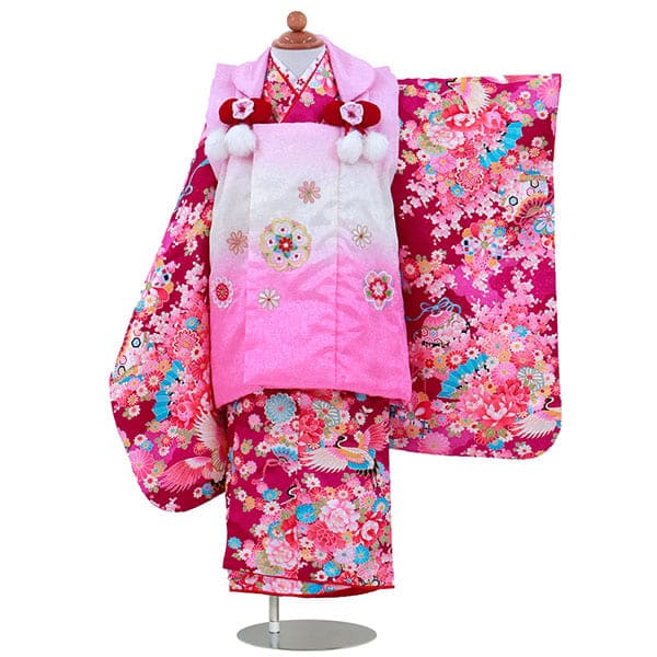 赤紫地に鶴と花模様、グラデーションピンクの被布コートセット