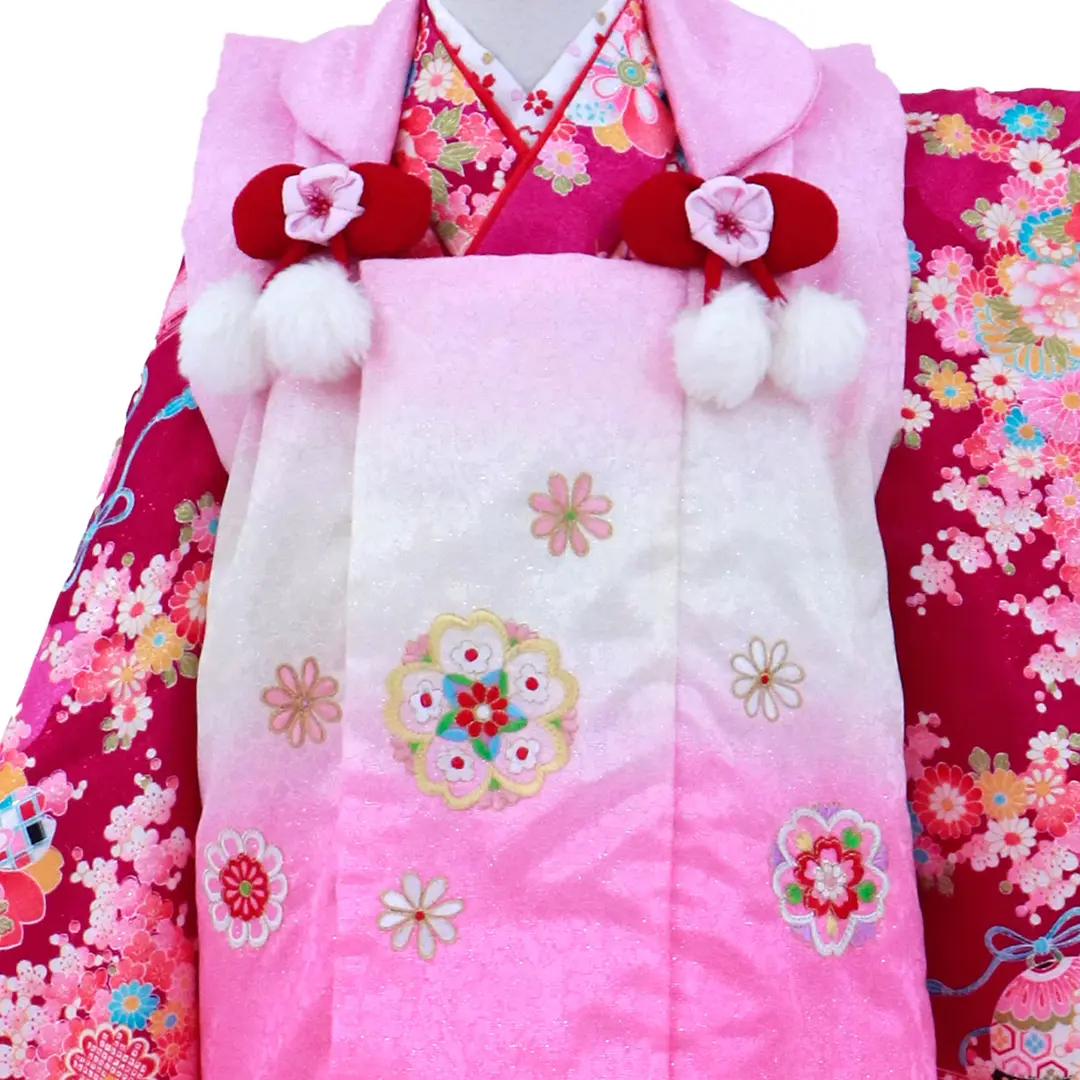 赤紫地に鶴と花模様、グラデーションピンクの被布コートセット／七五三