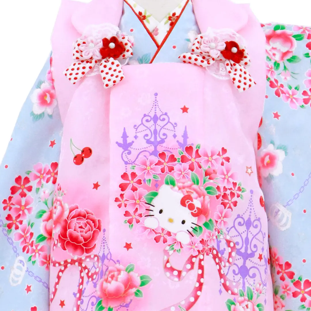 七五三　着物　女の子　被布セット　キティ 水色地に花と果物のKITTYの被布コートセット／七五三・三歳女の子