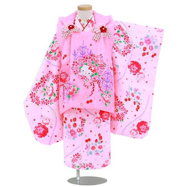 薄ピンク地に花と果物のKITTYの被布コートセット／七五三・三歳女の子