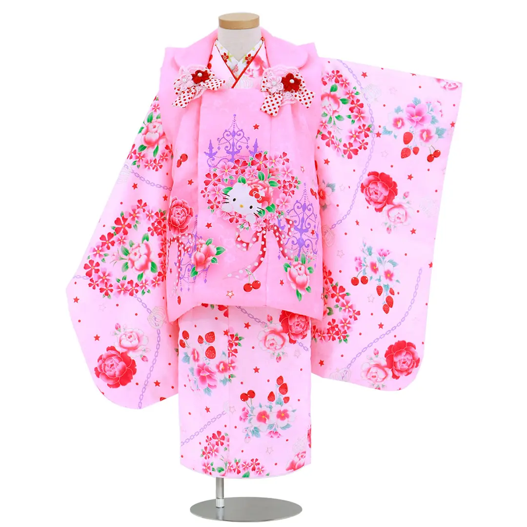 七五三 衣装セット ピンク 花柄 付属品付き 薄ピンク地に花と果物のKITTYの被布コートセット／七五三・三歳女の子