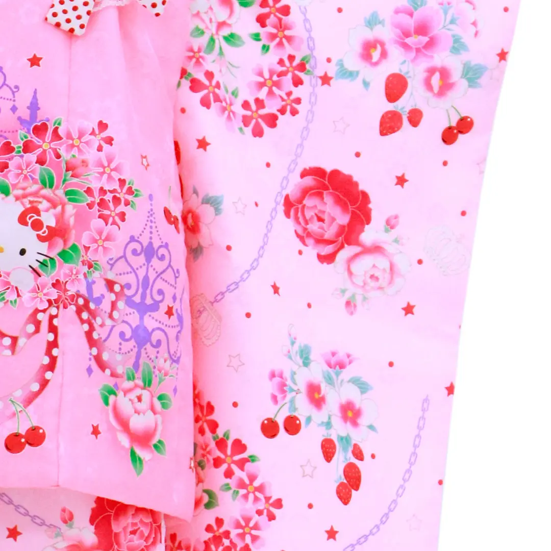 薄ピンク地に花と果物のKITTYの被布コートセット／七五三・三歳女の子