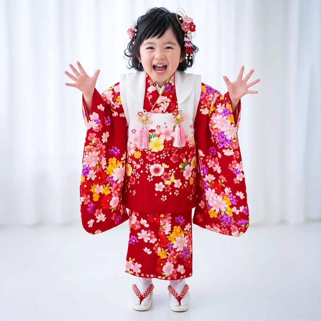 赤地に花尽くしの蝶の被布コートセット／七五三・三歳女の子／着用イメージ