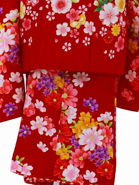 赤地に花尽くしの蝶の被布コートセット／七五三・三歳女の子