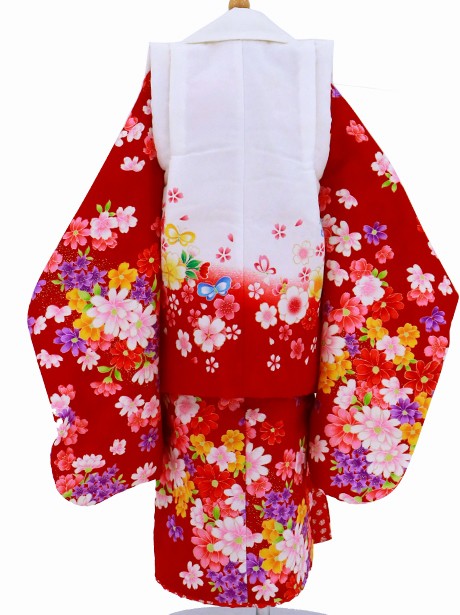 赤地に花尽くしの蝶の被布コートセット／七五三・三歳女の子／背面