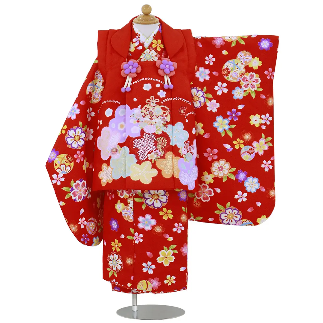 赤地に鈴と花の被布コートセット／七五三・三歳女の子／正面