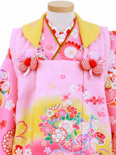 ピンク地に桜紋、グラデーションの被布コートセット／七五三・三