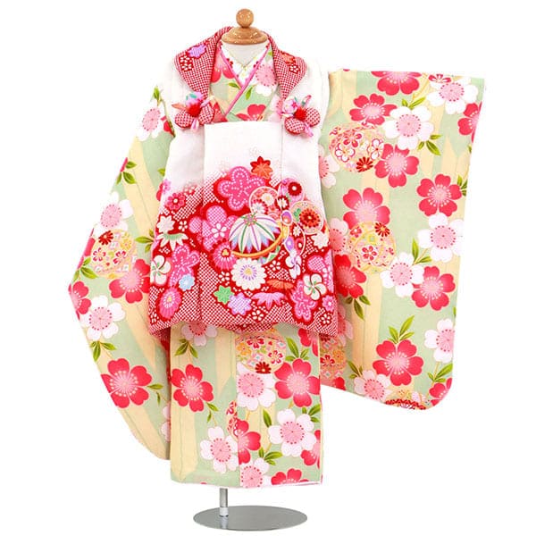 黄緑にイエローの矢絣と桜、鞠の被布コートセット／七五三・三歳女の子