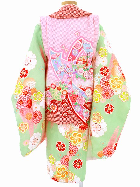 黄緑地に四季花、熨斗と鞠の被布コートセット／七五三・三歳女の子／背面