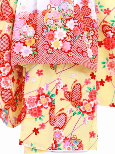 イエローに蝶と花、桜と鈴の被布コートセット／七五三・三歳女の子／裾