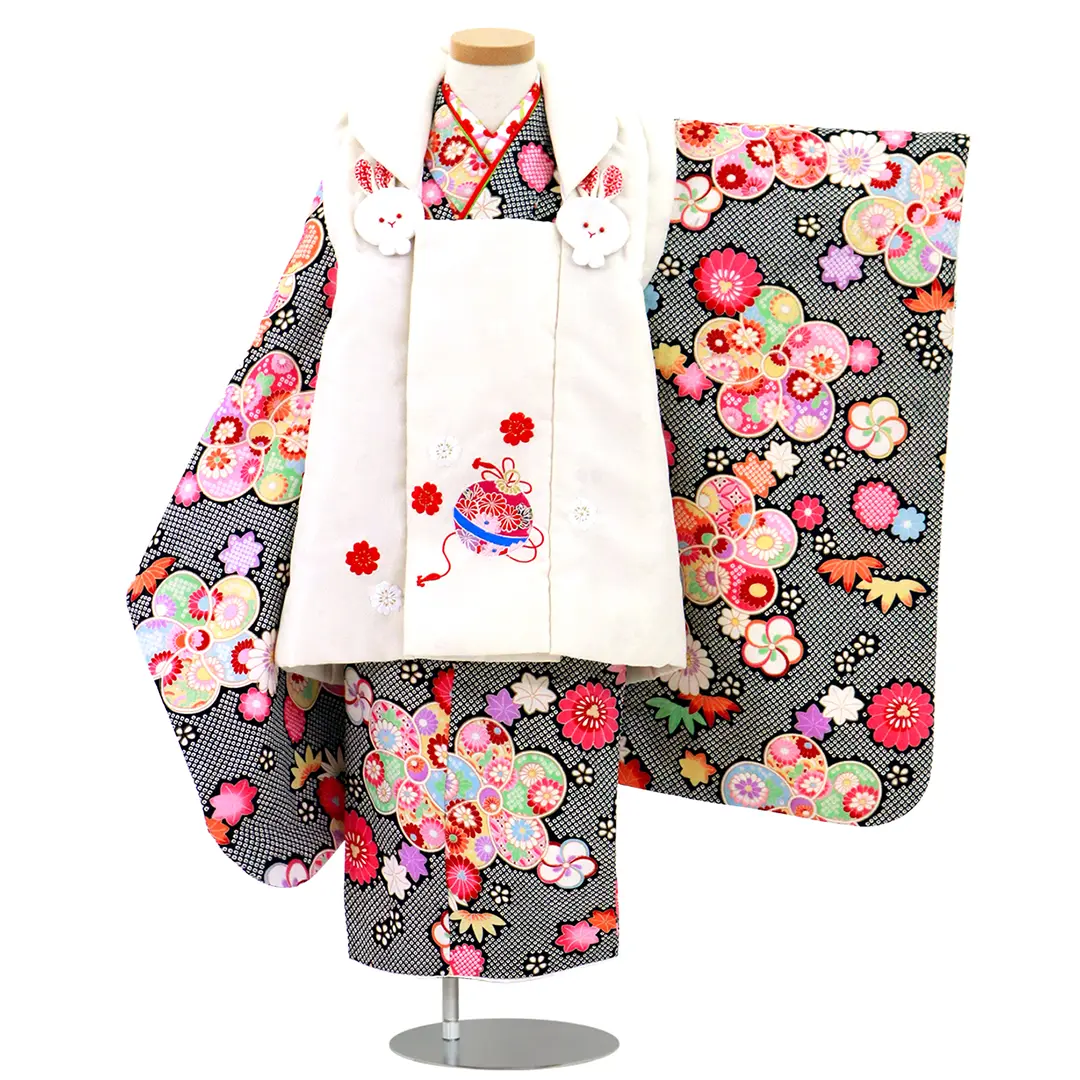 三歳★ベルベット★黒と花柄の被布＆着物＆小物 SOUBIEN（創美苑） 七五三 着物 被布コート セット 3歳 女の子 floro
