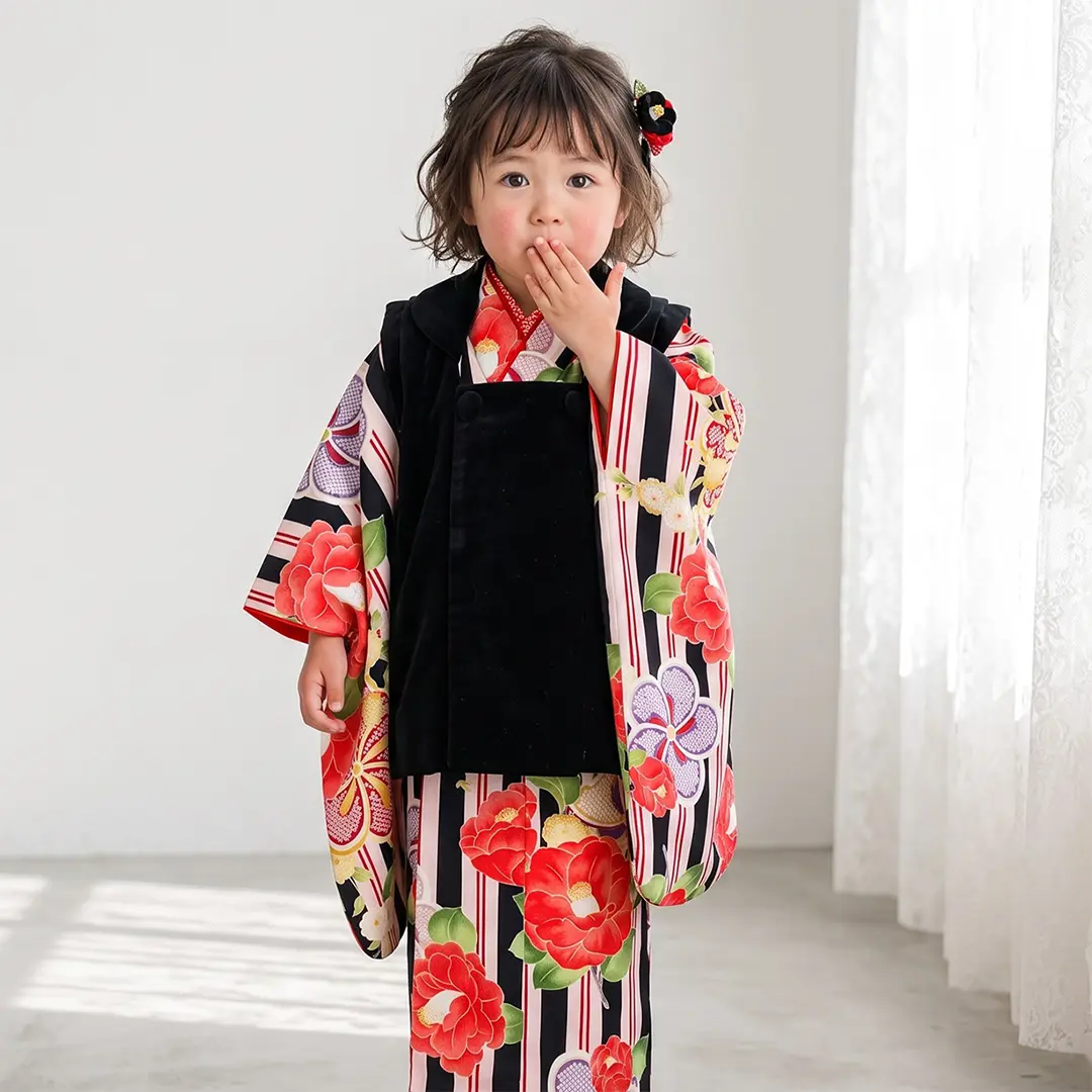 黒と赤の縞に大輪の椿、黒の被布コートセット／七五三・三歳女の子／着用イメージ