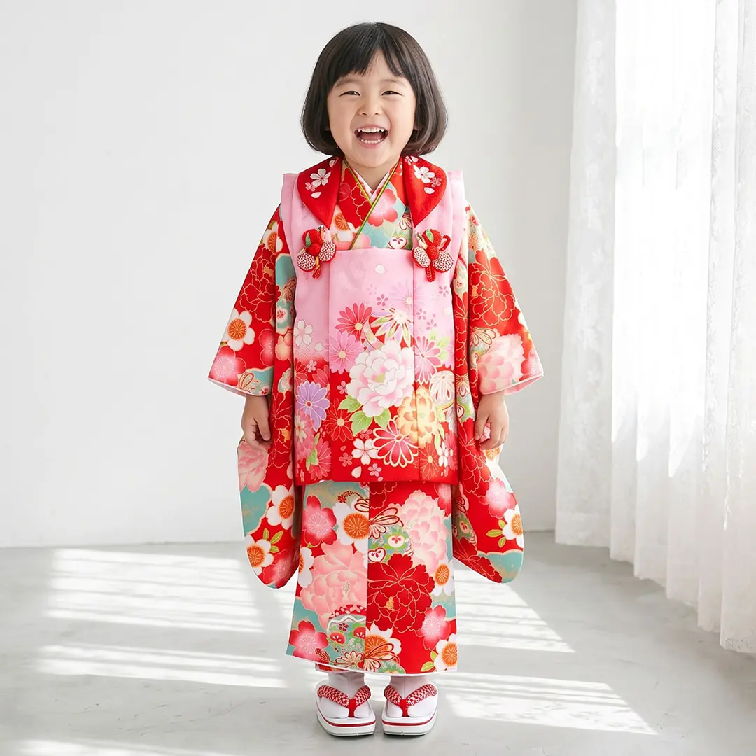赤地に大輪の牡丹と雲取り、ピンクと赤の被布コートセット／七五三・三歳女の子／着用イメージ