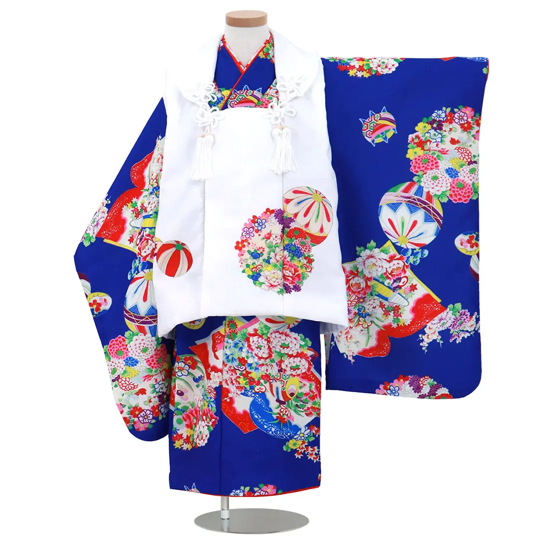 青地に花と鞠（まり）、白の被布コートセット／七五三・三歳女の子