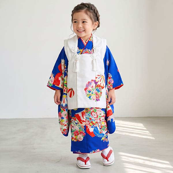 青地に花と鞠（まり）、白の被布コートセット／七五三・三歳女の子