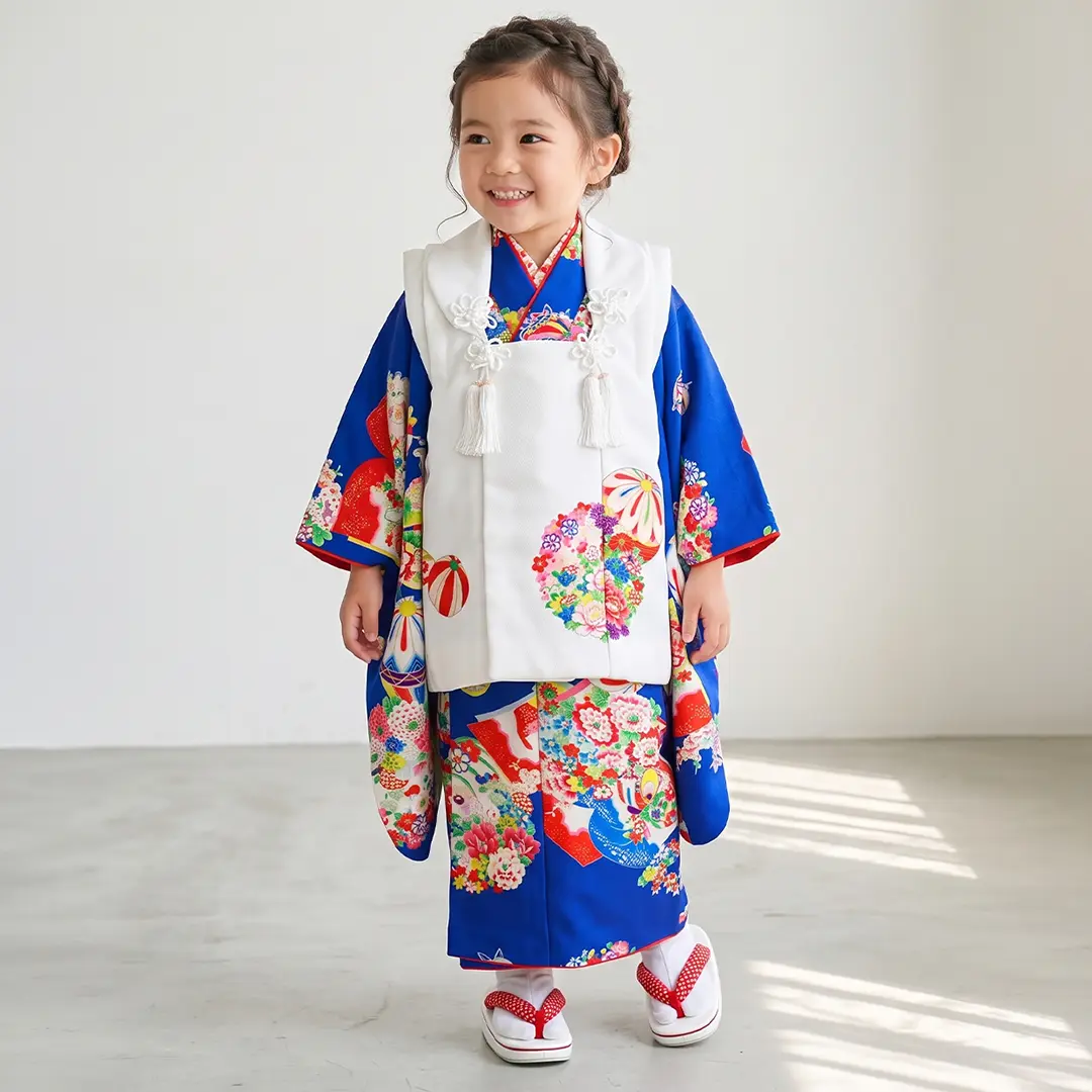 青地に花と鞠（まり）、白の被布コートセット／七五三・三歳女の子