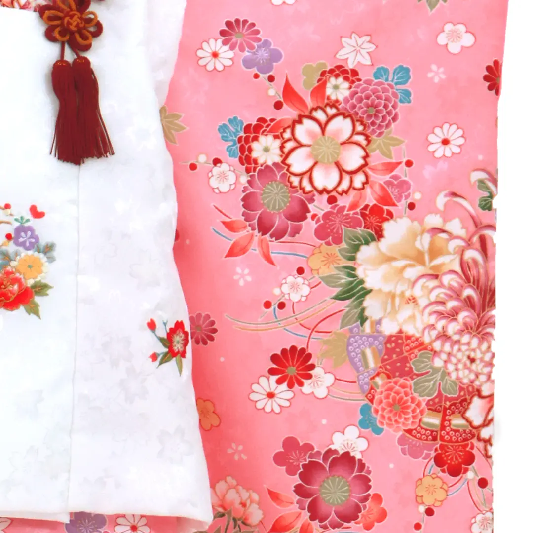 ピンク地に牡丹と桜の被布コートセット／七五三・三歳女の子／袖