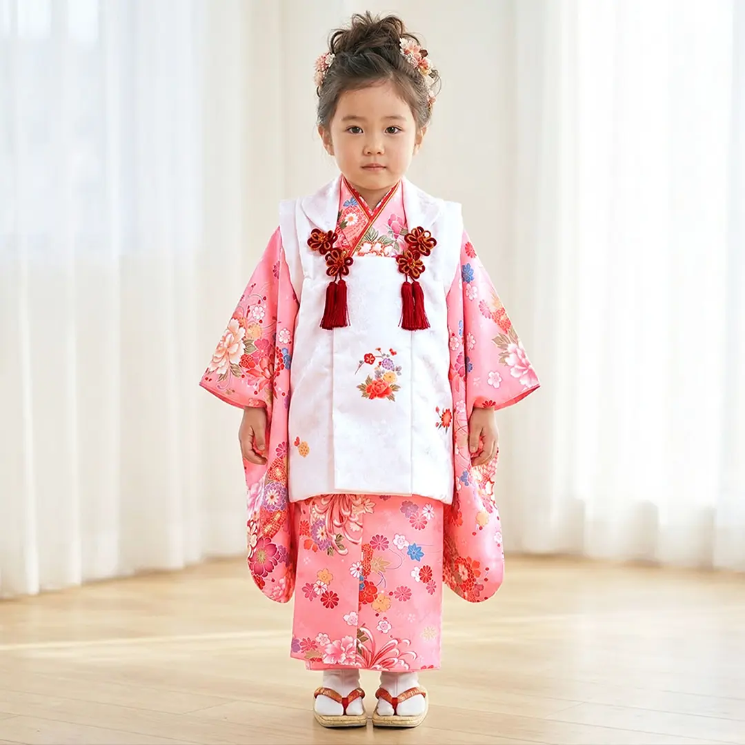 ピンク地に牡丹と桜の被布コートセット／七五三・三歳女の子／着用イメージ