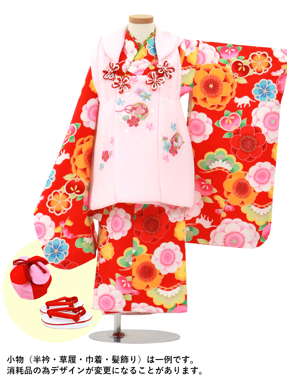 赤地にカラフルな八重桜と桜色の被布コートセット／七五三・三歳女の子／正面