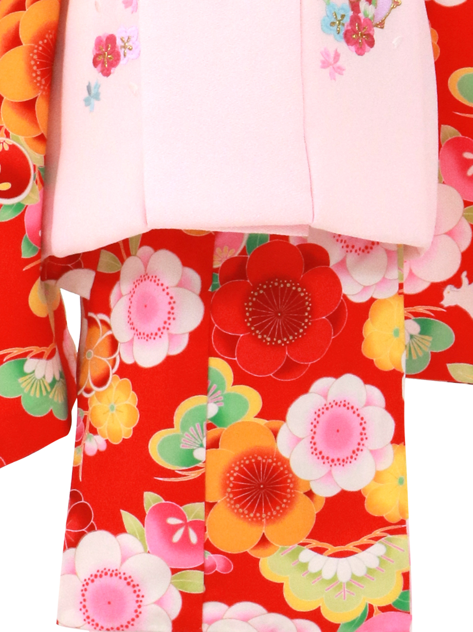 赤地にカラフルな八重桜と桜色の被布コートセット／七五三・三歳女の子／裾