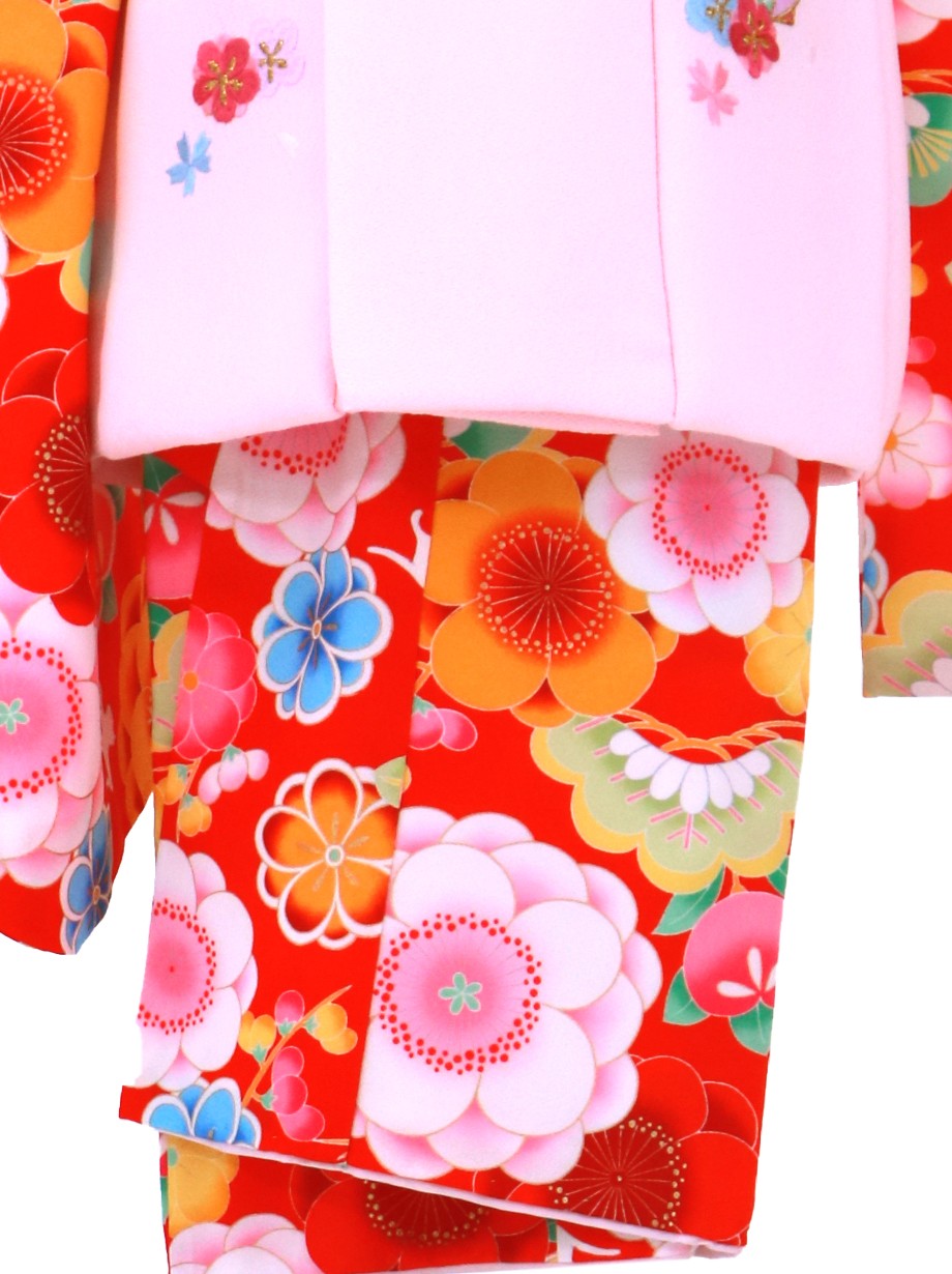 赤地にカラフルな八重桜と桜色の被布コートセット／七五三・三歳