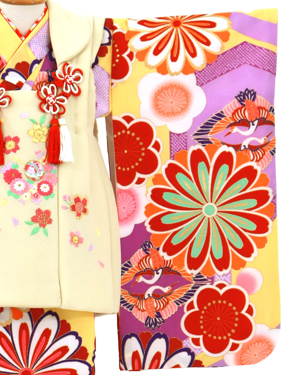 黄色地に菊と鶴菱、クリームの被布コートセット／七五三・三歳女の子