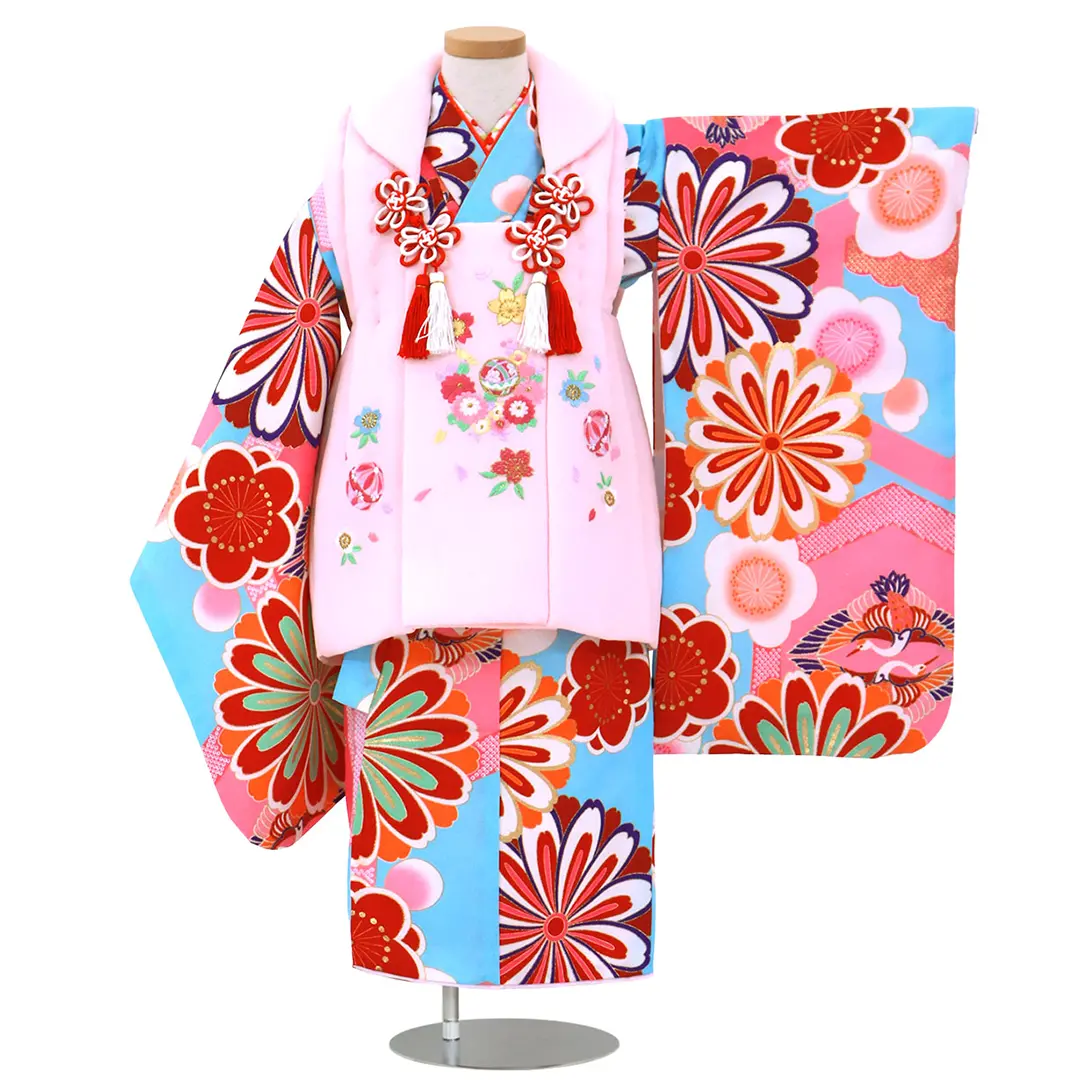 水色地に菊と鶴菱、桜色の被布コートセット／七五三・三歳女の子／正面