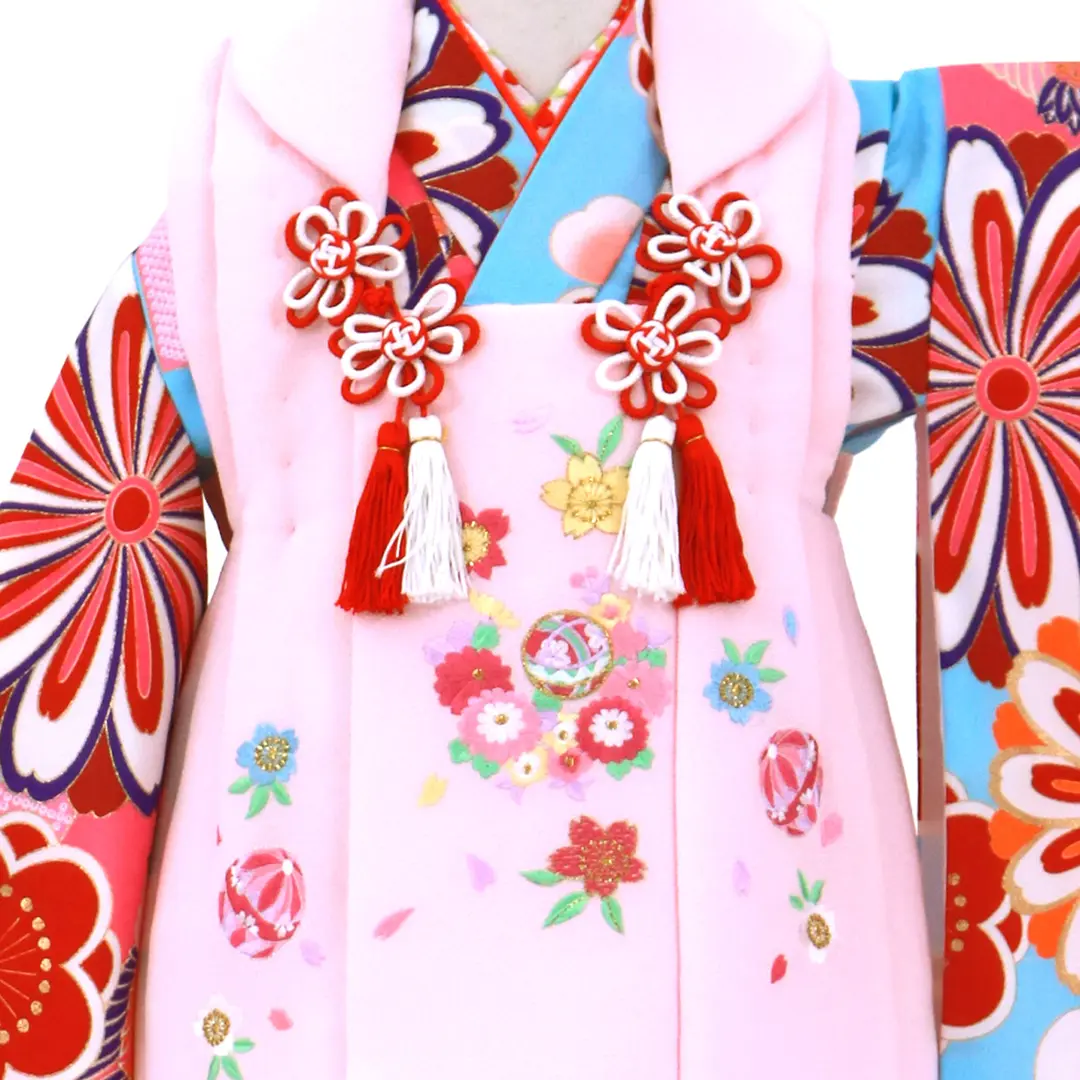 水色地に菊と鶴菱、桜色の被布コートセット／七五三・三歳女の子／被布詳細