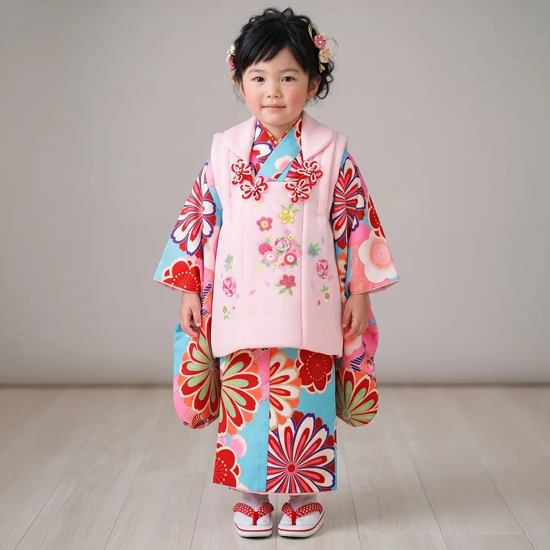 水色地に菊と鶴菱、桜色の被布コートセット／七五三・三歳女の子／着用イメージ